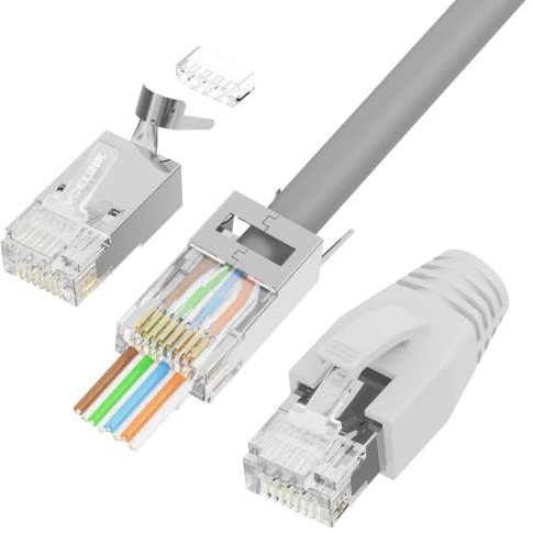 VCELINK 20 x RJ45 Stecker, CAT7 Pass Through Netzwerkstecker, Lan stecker | 10 Gbit/s, Cat7/Cat6A Verlegekabel geschirmt, PoE-fähig, mit Einfädelhilfe und Knickschutz, Switch/TV/Modem/Router/PC, grau