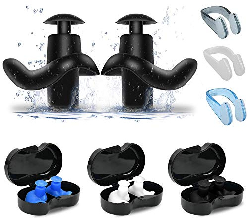 EKKONG 3 Paare Silikon-Ohrstöpsel,Complete with 3 Nose Clips wasserdichte Wiederverwendbare Ohrstöpsel Schwimmen für Erwachsene und Kinder Schwimmen Freitaucher und Anfänger