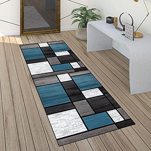 QQrunner Matta löpare hall grå och blå halkfri 60 x 110 cm köksmatta lapptäcke tvättbar metervara sovrum korridor matta lång, justerbar längd 40–120 cm bred