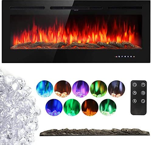 INMOZATA Electric Fireplace Wall Mounted Insert Recessed 50 inch Wall Electric Fires Heater Touch Remote Control 12 LED Color Flame Effect, Crystal with Log Set