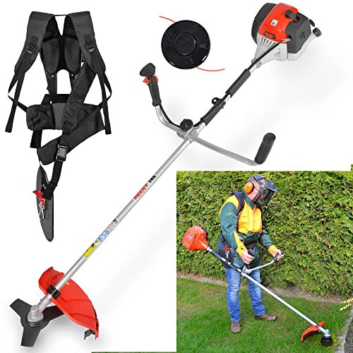 HECHT 2-Takt Benzin Motorsense Freischneider Rasentrimmer mit Messer und Doppel Faden Spule, 43 cm und 25,5 cm Schnittkreis – Kantenschneider Rasen 43 CCM – Tragegurt –Antivibrationslenkradgriff