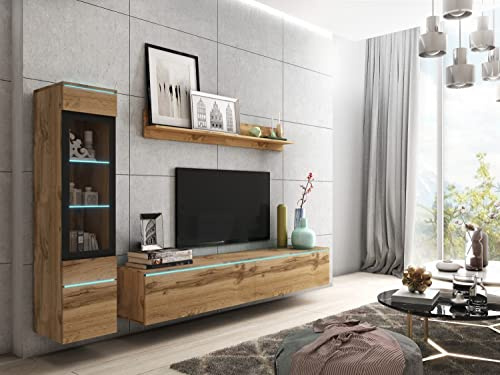 PIASKI Conjunto de Muebles de Salón Vera I con Mueble de TV, Vitrina y Estantería, Tablero Laminado MDF, Iluminación LED Opcional, Estilo Moderno, Color Wotan, con iluminación LED