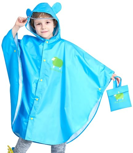 AIWUHE Kids Raincoat Lightweight Rain Poncho Boys Girls Rain Cape Cartoon Rain Coat Hooded Jacket Toddler Waterproof Outwear Blue M 3-5T