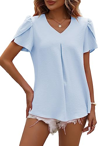 LEKOPUR Damblus, sommar, kortärmad tunika, V-ringad skjorta, enfärgad chiffong, toppar, vår, eleganta sommarblusar, ledig bluströja, t-shirt, topp, Ljusblå, M