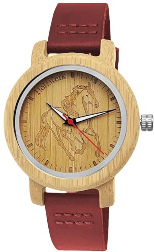 Holzwerk Germany Mädchen-Uhr Jungen-Uhr Kinderuhr Öko Natur Holz-Uhr Leder Armband-Uhr Analog Klassisch Quarz-Uhr Kinder Uhr mit Pferde Pony Motiv in Rot Schwarz Blau Türkis Braun