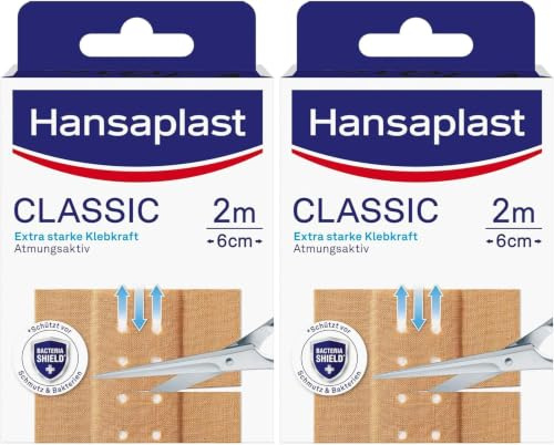 Hansaplast Classic Pflaster (2 m x 6 cm), zuschneidbare Wundpflaster mit extra starker Klebkraft & Bacteria Shield, flexibles und atmungsaktives Verbandsmaterial (Packung mit 2)