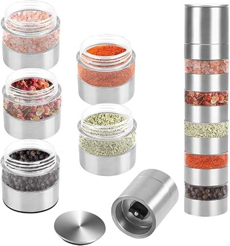 Marstey Spice Shaker, 5 in 1 Spice Jars Set with Lid, Pepper Grinder Salt Shaker Manual Grinding Pepper Mill Mini Spice Shaker, Stainless Steel Portable Spice Organizer for Kitchen Travel Camping