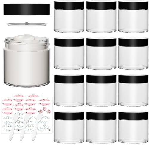 Yishik 4oz Clear Glass Jars with Lids,12 Pack Empty Round Cosmetic Jars Small Glass Containers with Inner Liners and Black Lids,120ml Refillable Cream Jar for Lotion,Makeup,Beauty Products