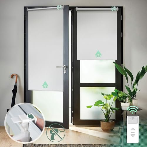 Yoolax Elektrische Rollos mit Motor& Fernbedienung, Klemmfix Rollos für Fenster Ohne/Mit Bohren,Smart Rollo Nach Maß(100% Verdunkelung Wasserdicht Weiß)