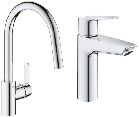 GROHE Robinet de Cuisine Get Avec Douchette Extractible et QUICKFIX Start Robinet de Salle de Bains Lavabo - Installation Facile, Mousseur Économie d'Eau, Sans Tirette