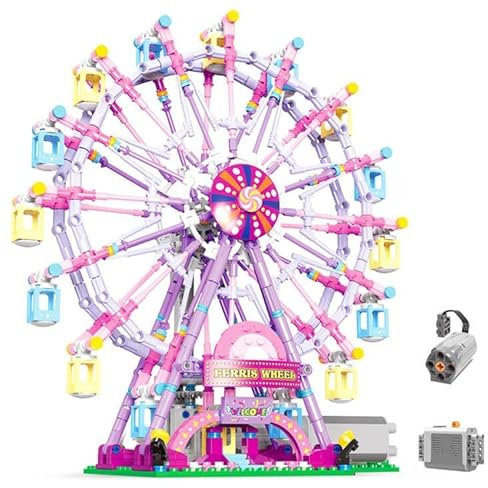 NEWRICE Kit de Construction de Grande Roue rotative avec lumières,Jeu de Blocs de Construction de Parc d'attractions pour garçons et Filles de 8+ Ans (Rose Grande Roue)