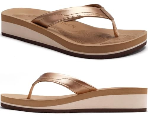 COFACE Flip Flops for Women With Comfortable Arch Support Ladies Fashion Platform Thong Sandals Soft Yoga Mat Sole For Beach/Indoor Outdoor, size 4 Khaki Gold