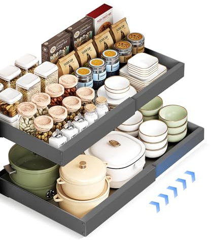 Torchesy 2PCS Cassetto Estraibile Cucina, Cassetto Telescopico Cucina Organizer Non Sono Necessarie Forature E Chiodature Espandibile Cassetto Telescopico 32-52x42x7cm(2, Grigio