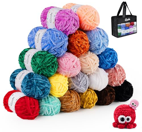 ilauke 20x30g Chenille Yarn, Soft Chenille Chunky Yarn for Knitting and Crocheting with Needles Crochet Accessories and Handbag, for Clothes, Blankets, Bags, DIY