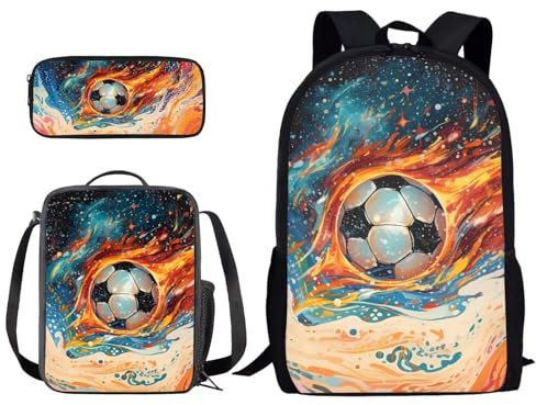 Wpamlrta Colorful Paint Splatter Soccer Pattern School Backpack 3 Pieces Set for Boys Girls with Lunch Box Pencil Bag Primary/Middle School Bag Teenager Bookbags