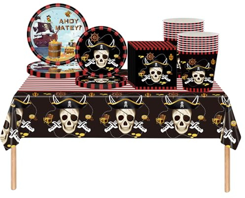 69 Piezas Set Vajilla Desechable Cumpleaños,Platos Desechables Elegantes Servilletas Vasos Papel Mantel Plásticos Decoración de Mesa,Pirata Vajilla Desechable Negro Biodegradable para Fiesta Halloween