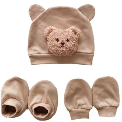 Hkfgdjdl Baby-Mütze für Neugeborene, Plüsch-Bär-Mütze und kratzfeste Handschuhe und Socken, einfarbig, Foto-Requisiten und Zubehör, Geschenk