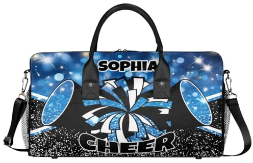 Mintoprints Personalisierte Cheer-Tasche für Cheerleader, individuelle Sporttasche, Turnbeutel, Reisetasche, Übernachtung, Wochenendtasche, Blau, 17.4x8.3x9.5, Cheerleading