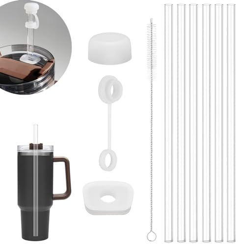 6 Stück Strohhalm für Stanley Cup, 31cm Lang Transparent Straw, Ersatz stanley Strohhalme Accessories, mit Reinigungsbürsten und Silikon Stopfen, für 30/40 Unzen Becher, Glas und Stanley Cup