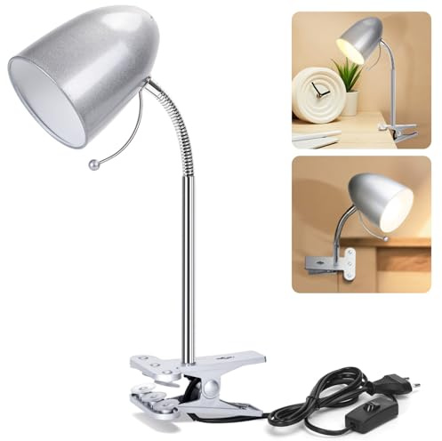 Aigostar Lámpara de Escritorio con Pinza Retro, Lampara Lectura Pinza sin Bombilla, Flexo LED Escritorio con Pinza para Cama Compatible con Bombillas Modelo E27 (Máx. 240V), cable de 153 cm, Plata
