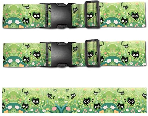 CREATCABIN 2 Stück Schwarzer Katzen Gepäckgurt Verstellbare Koffergurte Grünes Polyester Strapazierfähig Reisegepäck Verbindungsschnalle Gürtel Verbinden Zwei Taschen TSA Zugelassenes Zubehör 1.8mx5cm