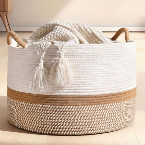 Large Blanket Basket, 40x35cm Woven Baskets for Storage Baby Laundry Hamper, Baby Toy Storage With Handle, Cotton Rope Nursery Blanket for Living Room, Bedroom, Laundry