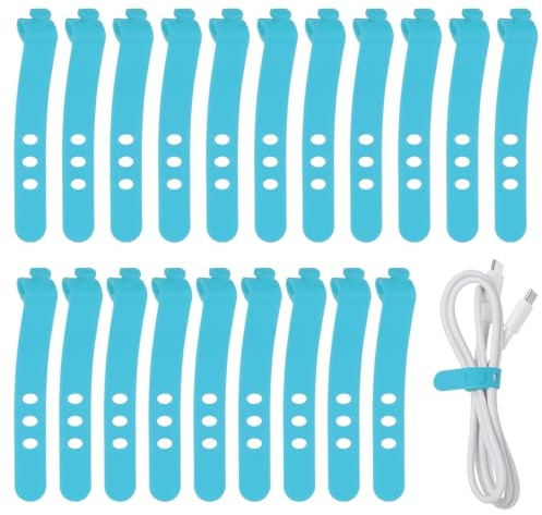 sourcing map 20 bridas de silicona para cables, 3 agujeros, reutilizables, de goma, ajustables, con hebilla de bloqueo, correa de cable multiusos para cables de viaje en casa, oficina, color azul