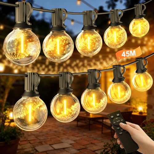 Guirnalda Luces Exterior 45M, Regulable Luces Led Exterior Jardin con Mando a Distancia, Impermeable Luz Guirnalda Exteriores con 75+2 Bombillas para Terraza, Fiesta, Cobertizos, Bodas, Pergolas