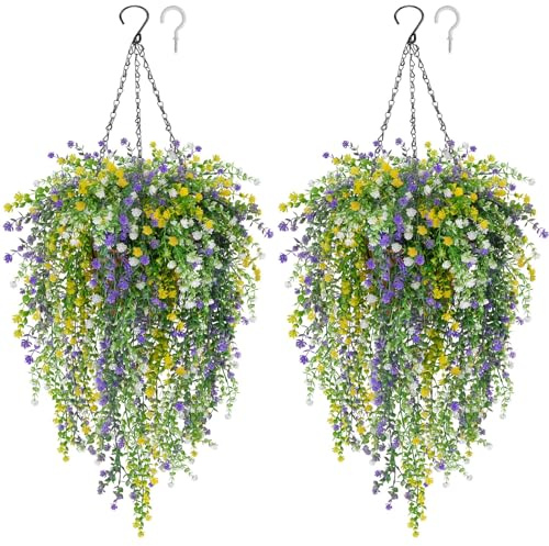 2Pcs Artificial Hanging Baskets Artificial Flowers UV Resistant Fake Flower | Faux Hanging Baskets Outdoor Fake Hanging Plants DIY Chain Hanging Basket for Garden Porch Home Decor (White+Purple+Yellow)