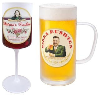 SelfHold Personalised Birra Stein Beer Glass & Chateaux Wine Glass with Frosted Coating | Customised Glassware Set for Couples, Friends or Family who Enjoy Wine and Beer
