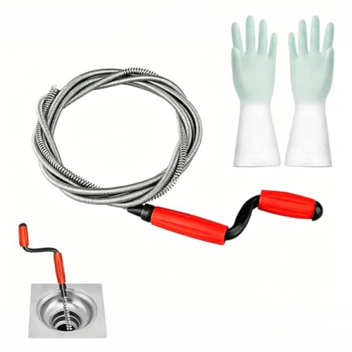 Desatascador Tuberias, Muelle Desatascador Tuberias, Muelle Desatascador Manual, Alambre Desatascador Tuberias para Limpiar Fregaderos, Bañeras, Alcantarillas e Inodoro, con Guante