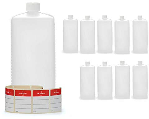 Octopus Bouteilles en Plastique 10 x 1000 ML, PE-HD avec Bouchon à Vis Blanc, Carrées - 10 Étiquettes Incluses