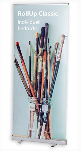 MultiBrands® Rollup Display Classic - JETZT SELBST GESTALTEN - mit eigenem Wunschmotiv, individuell Bedruckt, problemlos online editiert ohne Umwege, Farbe: Silber (80 x 200 cm)