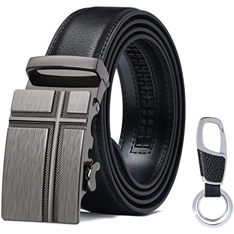 flintronic Herren Gürtel,Hochwertiges Leder material Ratsche Automatik Gürtel für Männer Ledergürtel Breite 3.5cm Länge 130CM-Schwarz (inkl Schlüsselbund & Geschenkbox)