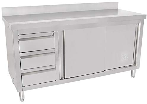 Beeketal 'BAS160-60L' Gastro Edelstahl Küchenschrank mit 3 Schubladen (links), 2 Rolltüren und 4 verstellbaren Standfüßen, Küchen Arbeitsplatte mit 10 cm Aufkantung - (L/B/H) ca. 1600 x 600 x 950 mm
