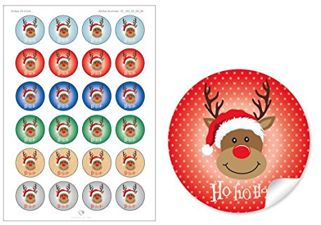 72 Weihnachtsaufkleber bunt gemischte Farben zu Weihnachten mit lustigem Rudolph Rentier Hirsch HO HO HO • Papieraufkleber/Sticker/Aufkleber/Etiketten (Format 4 cm, rund, matt)