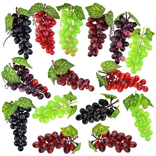 Tayfremn 15pcs Artificial Grape Large Lifelike Artificial Grapes Decor Hanging Grapes Bunches Rubber Mini Grape in Red Black Purple Green for Wedding Kitchen Photography Decoration(5 Colors,3 Size)