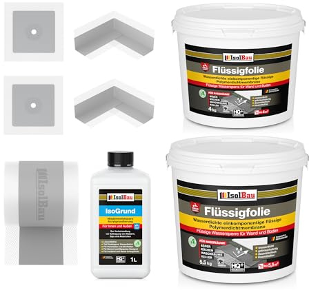 Isolbau Dicht-Set - Inkl. 1x Flüssigfolie (9,5 kg), 1x Grundierlösung (1 L), 1x Dichtband (5 m), 2x Innenecken & 2x Manschetten
