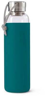 BLACK+BLUM - Glass Water Bottle - Leak Proof, Lightweight Borosilicate Glass Bottle with Screw-Fit Lid, Carry Loop and Protective Sleeve - Freezer Safe, Ocean - 600ml