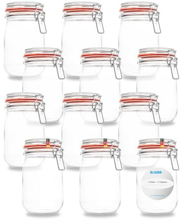 BAUER Flaschenbauer - 12-teiliges Set Drahtbügel-Vorratsgläser 1140ml, geeignet als Einmach- und Fermentierglas, zur Aufbewahrung, zum Befüllen, Drahtbügelgläser Inklusive Etiketten - Made in Germany