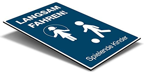 STEMPEL-FABRIK (Signalblau,Schild Alu-Verbund 200x300x4 mm) Hinweis-Schild/Text: Langsam Fahren ! Spielende Kinder (mit Piktogramm) / Hinweisschild, Warnzeichen, Warnschild, Spielstraße/Spielplatz