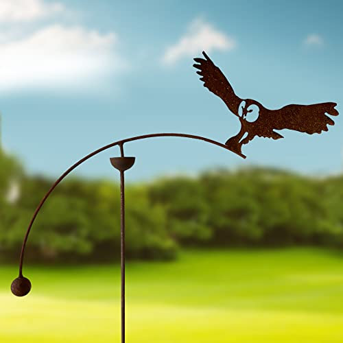 GAP GARDEN PRODUCTS - Solid Metal Rustic finish Garden Wind Spinner/Rocker with an Owl design on a Single arm (Bare metal and will rust natuarally)