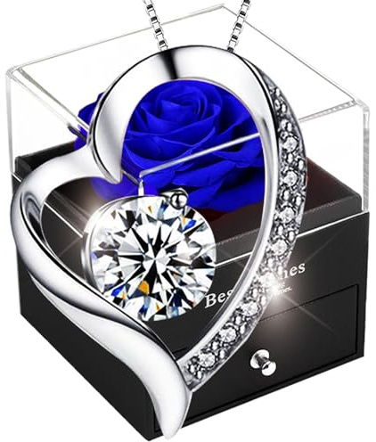 SWEETIME Forever Blue Rose Gift Box with Necklace-Real Eternal Rose with 925 Sterling Silver Women Necklace Inside,Enchanted Real Flower Gift for Mother's Day Anniversary Wedding