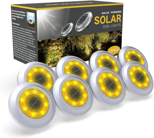 Solar Lights Outdoor Garden,600mAh 8 LED Solar Disk Ground Lights for Garden Lawn Pathway Yard Landscape Walkway（8 Pack Warm White）