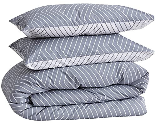 LERUUM Winterbettwäsche Set 135x200 Baumwolle Grau Weiß Wendebar Gestreift Motiv Jungen Bettbezug inkl Kissenbezug (135x200+ 80x80cm)
