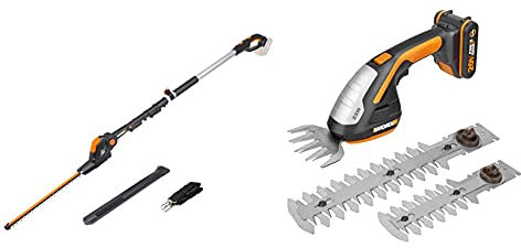 WORX 20V Akku Teleskop-Heckenschere WG252E.9-Ohne Akku & Ladegerät, schwarz & 20V Gras- und Strauchschere WG801E mit Akku und Ladegerät, inkl. 3 Verschiedene Messer