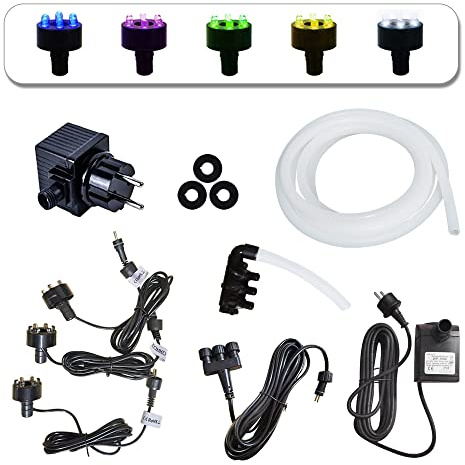 Köhko komplett Pumpe Set 2000L/H für Springbrunnen Gartenbrunnen inkl. 3 LED-Beleuchtung (Blau), 3 Wege Wasserverteiler, Schlauch, 5m Verlängerungskabel, Tarfo und Schaumdichtung