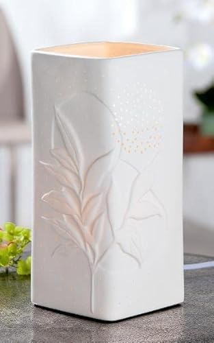 GILDE Porzellan Tischlampe - rechteckige Lampe Standlampe mit Lochmuster - Deko Wohnzimmer - Geschenk für Frauen - Farbe: weiss mit Blätter Muster - Höhe 28 cm
