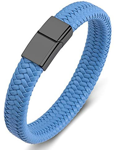Epinki Lederarmbänder Herren Hellblau Lederarmband mit Edelstahl Magnetverschluss Geflochten Partnerarmband Armband in Leder Hellblau 16.5CM