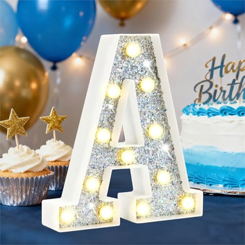 HEYCOLOR Silberne Glitzer LED Buchstaben A, Warmweiß LED Buchstaben Lichter Alphabet, Leuchtbuchstaber Als Teenager Mädchen Jungen Geschenke, Party Dekor für Geburtstags Hochzeit Muttertag Birthday
